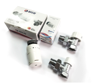 ZESTAW ARCO TERMOST.KĄTOWY  DO GRZEJ.BOCZNYCH / ZAWÓR TERMOST+GŁOWICA CIECZ+ZAWÓR POWROTNY 